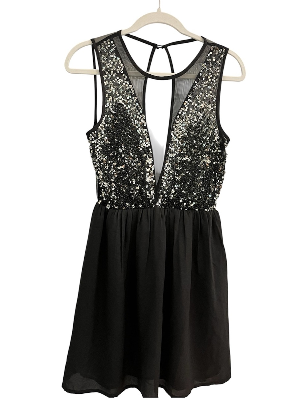 Forever 21 Black Sequin Plunge Fit & Flare Cocktail Dress | Size M